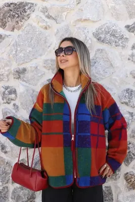 bytugcekaya Bordo Renkli Ekose Desen Standart Beden Fermuarlı Peluş Ceket