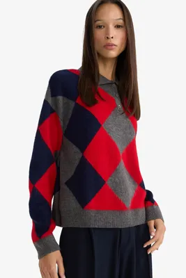 DeFacto Regular Fit Polo Yaka Baklava Desenli Triko Kazak
