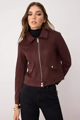 TRENDYOLMİLLA Koyu Kahverengi Fitted Kalıp Süet İnce Ceket Mont TWOAW26MO00016
