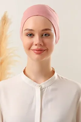 Melodi Scarf Kadın Tesettür Dikişsiz Set Bone Pudra 10 adet Bağlamalı Penye Bone