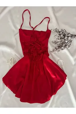 MH Moony Homewears Kırmızı Macaron Saten Gecelik