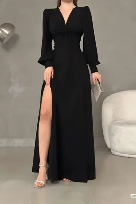 Deafox Siyah Krep Kumaş Önü Düğüm Detay Maxi Boy Uzun Kollu Çift Yırtmaçlı Elbise