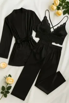 cdh çeyize dair herşey Dark Desire – Şık Siyah Saten Dantel Pijama Seti (3 Parça)
