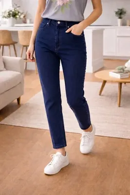 DELDNM Scarlet Kadın Koyu Mavi Yüksek Bel Likralı Trend Mom Jean