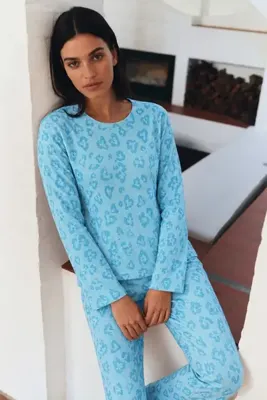 Genel Markalar Kadın Desenli Uzun Kollu Rahat M.Yeşili Pijama Takımı Mint Yeşili