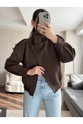 Ekim Store Dik Yaka Kruvaze Düğmeli Süet Ceket