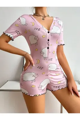 MUBAL KUZUCUK DESENLİ KISA KOL PİJAMA TULUMU