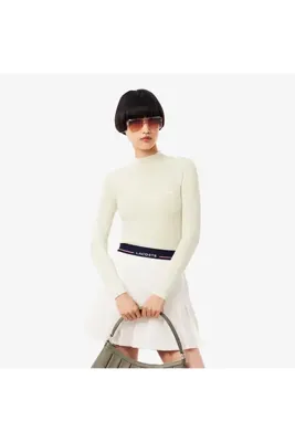 Lacoste Kadın Slim Fit Dik Yaka Beyaz Yün Kazak