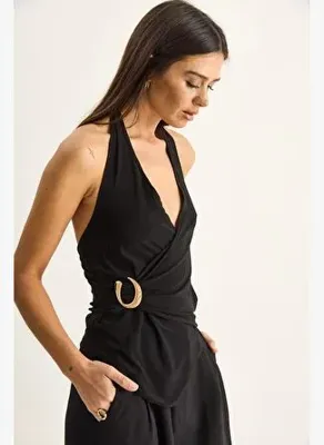 Shade Kadın Boyundan Geçmeli Tokalı Drape Detaylı Bluz 2306 60286194 - Siyah