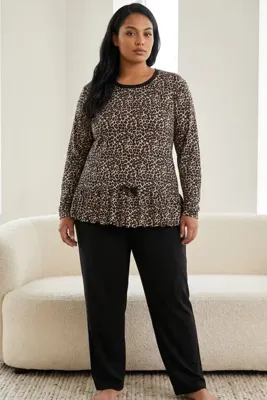 Siyah İnci leopar desenli Pamuklu Likralı Büyük Beden Battal Boy Örme Pijama Takım26240873