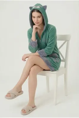 Wild Love Kadın Kapşonlu Nakışlı Fermuarlı %100 Bambu Kısa Sabahlık