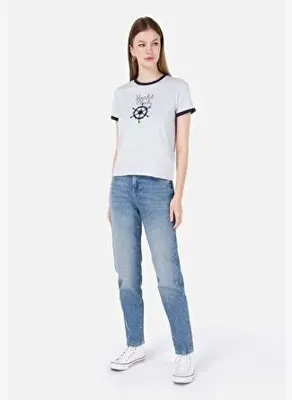 Colins Mom Fit  Daralan Paça Kadın İndigo Denim Jean Pantolon