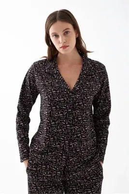 Genel Markalar Kadın Siyah Düğmeli Kalp Desenli Pamuklu Pijama Takımı MERY WOMAN