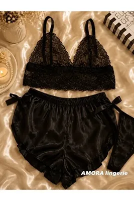 AMORA lingerie AMORA Siyah Dantel Saten 3'lü Takım | Şortlu Pijama İç Giyim Seti