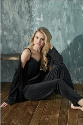 Mihra Kadın Pijama Takımı Soft JANJAN Kadife Dantelli Sabahlıklı 3 lü Takım