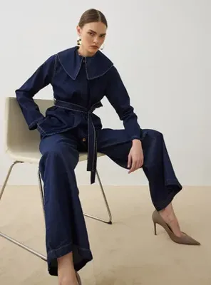 Refka Denim Bebe Yakalı Kemerli Ceket - Koyu Lacivert - Refka