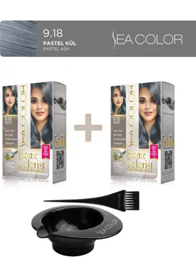 SEA COLOR 2'li Paket Home Colorist Set Saç Boyası 9.18 Pastel Kül, Boya Tası ve Fırça Hediye!