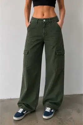 komera Kadın yeşil renk kargo cep 3449_s11 yüksek bel jean pantolon