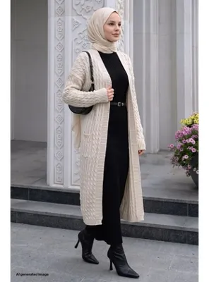 InStyle Örgü Desen Uzun Ekru Triko Hırka