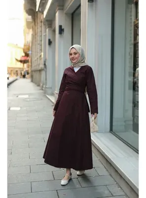 Modanisa Kendinden Bağlamalı Poplin Elbise Mürdüm