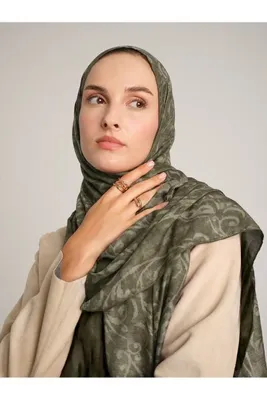 Ayshara Yalaz Zebra Damask Desenli Çift Taraflı Şal - Haki Yeşil