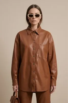Grenj Fashion Taba Oversize Cep Detaylı Deri Gömlek