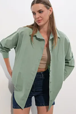 Bigdart 3900 Oversize Uzun Basic Gömlek - Su Yeşili