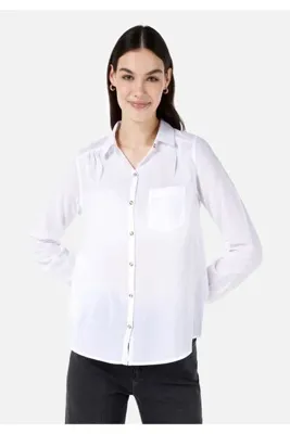 Colins Regular Fit Shirt Neck Düz Kadın Beyaz Uzun Kol Gömlek