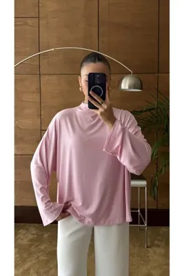 YOUR NAME Dik Yaka Oversize Dökümlü Uzun Kol Pembe Bluz