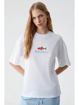 Grimelange CAITLYN Kadın Oversize Bisiklet Yaka BEYAZ T-Shirt