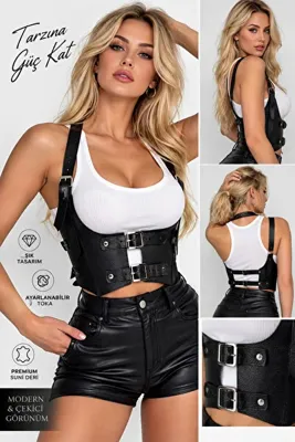 Good Miss Kadın Siyah Suni Deri Korse Harness – Tokalı Ayarlanabilir Bel ve Göğüs Aksesuarı