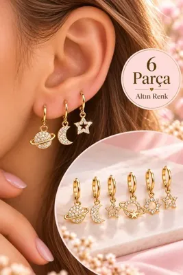 Sacce Scarves&Accessories Minimal Gezegen Ay Yıldız Küpe Seti 6 Parça Taşlı Halka Küpe