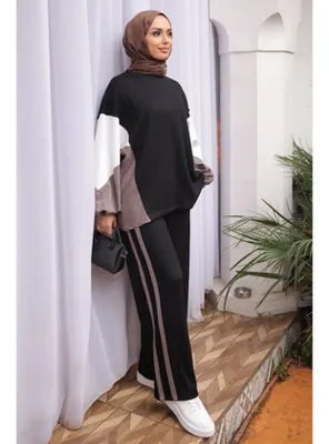 İmaj Butik Siyah Renk Bloklu Modal Swaet Pantolonlu Takım