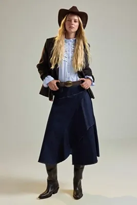 TRENDYOLMİLLA Koyu Mavi Volanlı Katmanlı Midi Denim Etek TWOAW27ET00006