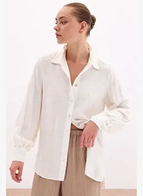 Sateen Nakış Detaylı Viskon Gömlek - Krem