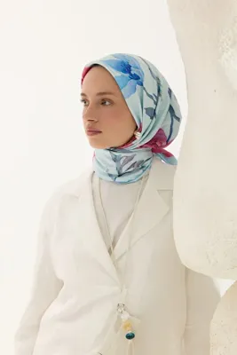 QEF Desenli Twill Eşarp Hera Mavi