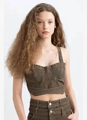 Defacto Kalın Askılı Crop Korse Jean Bluz