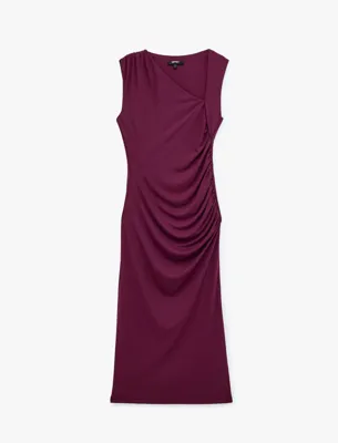 Koton Slim Fit Asimetrik Yaka Kolsuz Drapeli Uzun Slip Elbise