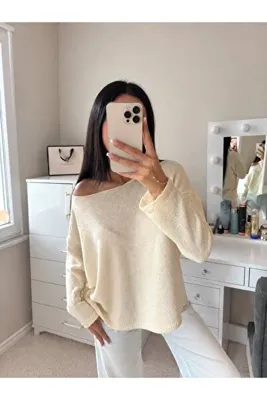 zebewear Kadın Kayık Yaka İnce Mevsimlik Triko Taş