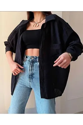 Lady Pixie Düşük Omuzlu Yazlık Kumaş Oversize Gömlek