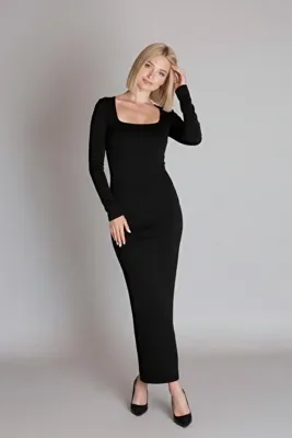 moddosa fashion Kadın Kare Yaka Düz Uzun Kollu Uzun Elbise