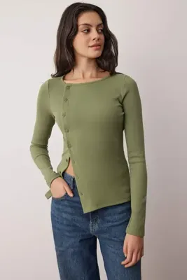 TRENDYOLMİLLA Haki Düğmeli Bisiklet Yaka Vücuda Oturan Fitilli Esnek Örme Bluz TWOAW26BZ00104