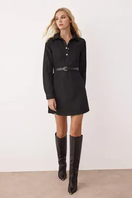 TRENDYOLMİLLA Siyah Gömlek Yaka Kemerli Uzun Kollu Mini Denim Elbise TWOAW26EL00050
