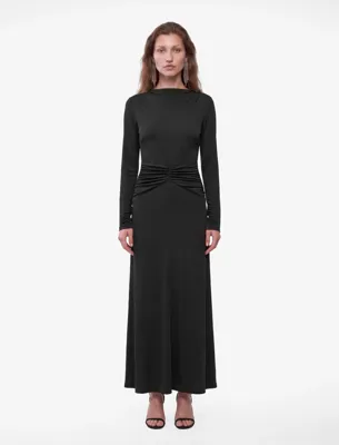 Koton Slim Fit Parlak Sandy Kumaş Degaje Yaka Uzun Kollu Drapeli Elbise