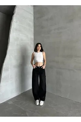 Asia YAN TOKALI SİYAH BAGGY BOL PAÇA JEANS