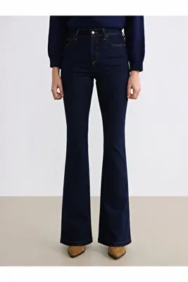 ByCukurovaFrango BY-6783 Jeans Indigo Crop Flare Kadın Jean Lacivert Yüksek Bel İspanyol Paça Kot Pantolon