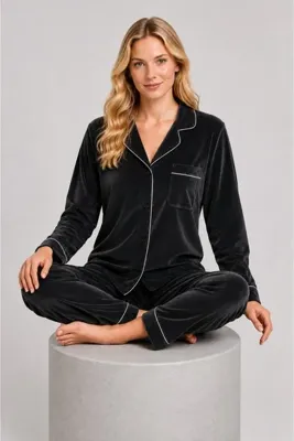 Pijamask Kadın Kadife Düğmeli Uzun Kollu Pantolonlu Pijama Takımı