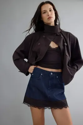 TRENDYOLMİLLA Koyu Mavi Dantel Detaylı Yüksek Bel Mini Denim Etek TWOAW27ET00005