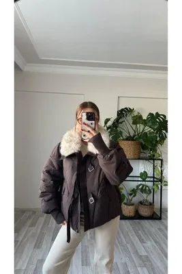 perchemfashion Yakası Peluş Şişme Mont