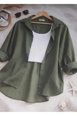 blackbonds Kadın Oversize Haki Yeşili Keten Gömlek – Yaz Koleksiyonu